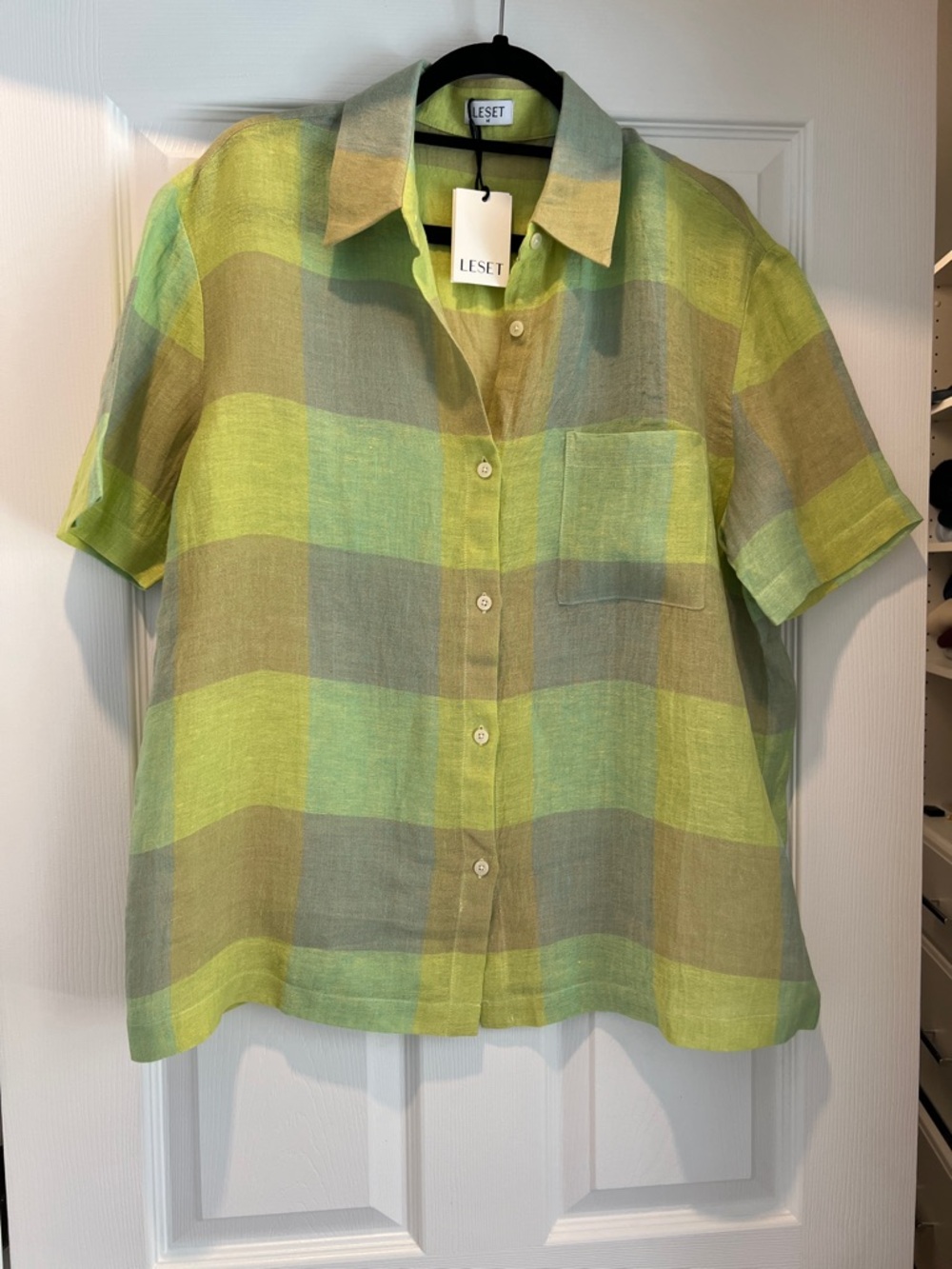 LESET  Plaid Short-Sleeve Button-Down Shirt in Lime & Olive